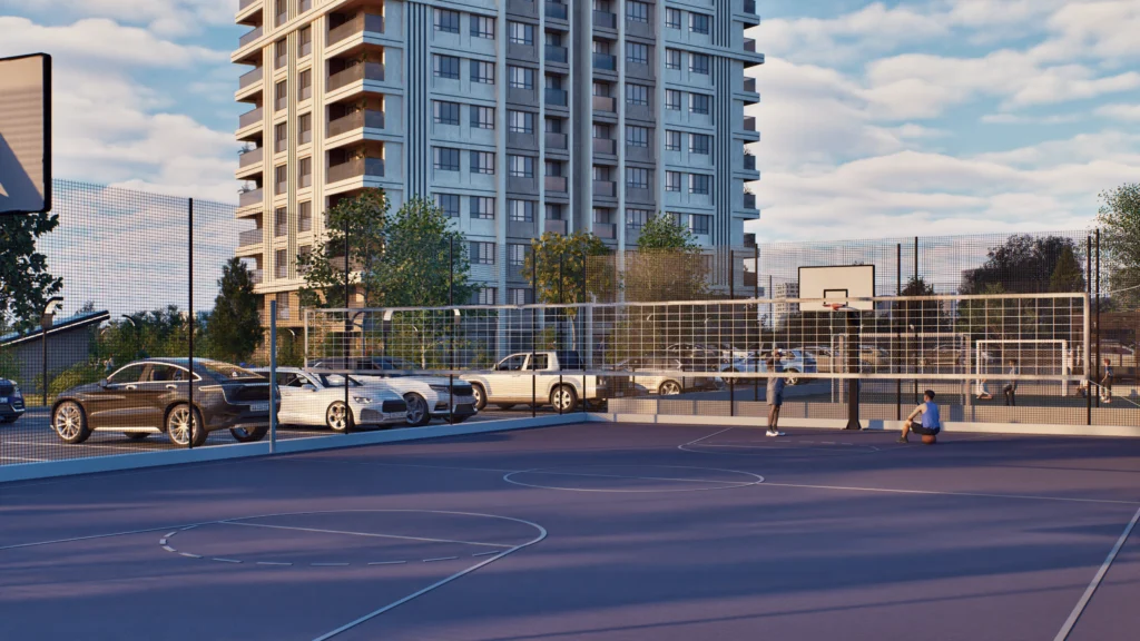 Galaxy Residence basketbol sahası ve açık spor alanı CGI görselleştirmesi