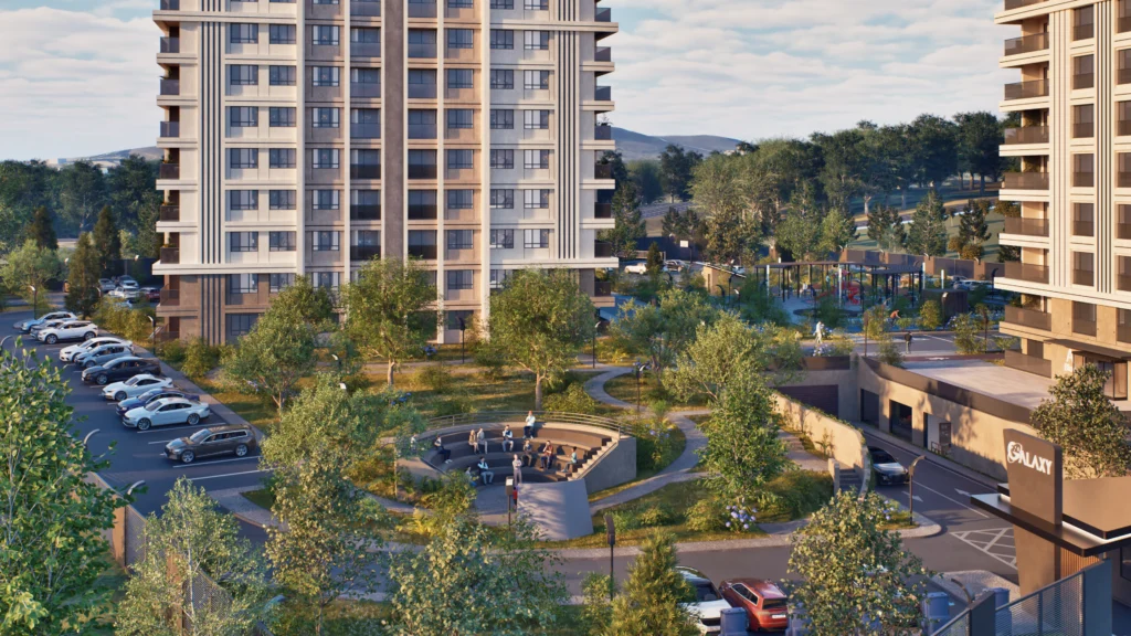 Galaxy Residence peyzajlı avlu ve sosyal alan mimari CGI görselleştirmesi