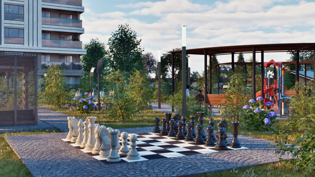 Galaxy Residence peyzaj, dinlenme ve açık hava oyun alanı CGI görselleştirmesi