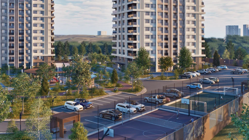 Galaxy Residence peyzaj ve sosyal alan CGI görselleştirmesi