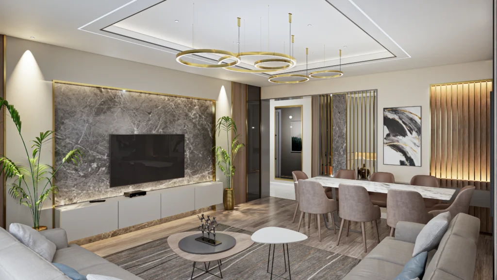 Galaxy Residence salon ve yemek alanı iç mekân CGI görselleştirmesi