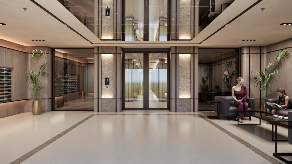 Galaxy Residence ana lobi iç mekân CGI görselleştirmesi