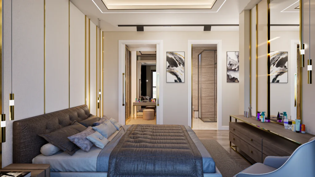 Galaxy Residence ebeveyn yatak odası iç mekân CGI görselleştirmesi
