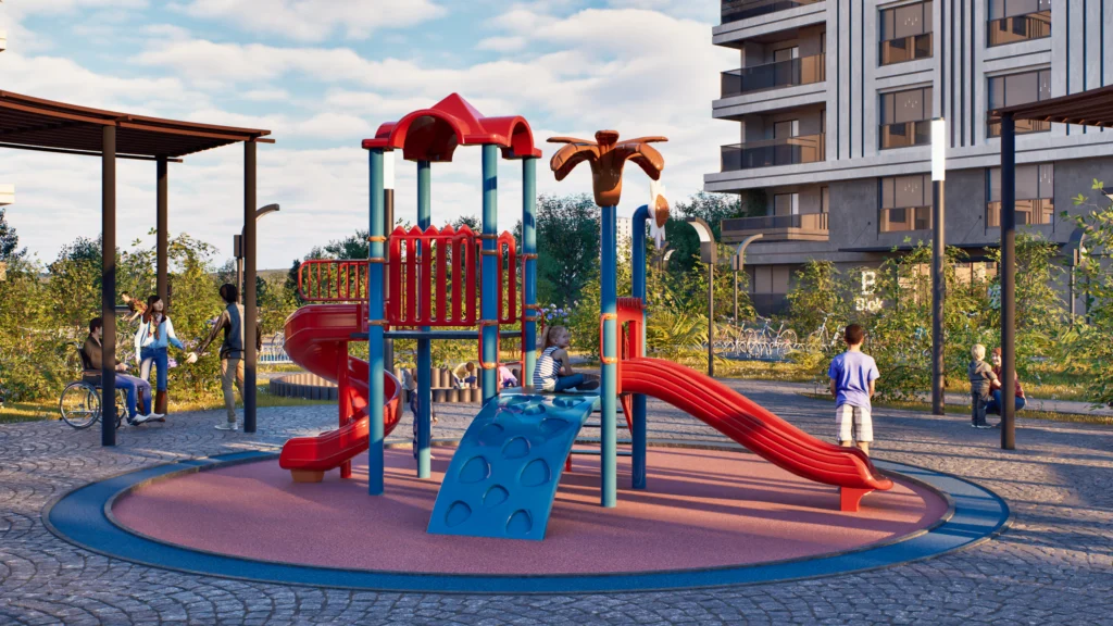Galaxy Residence çocuk oyun alanı ve peyzaj CGI görselleştirmesi